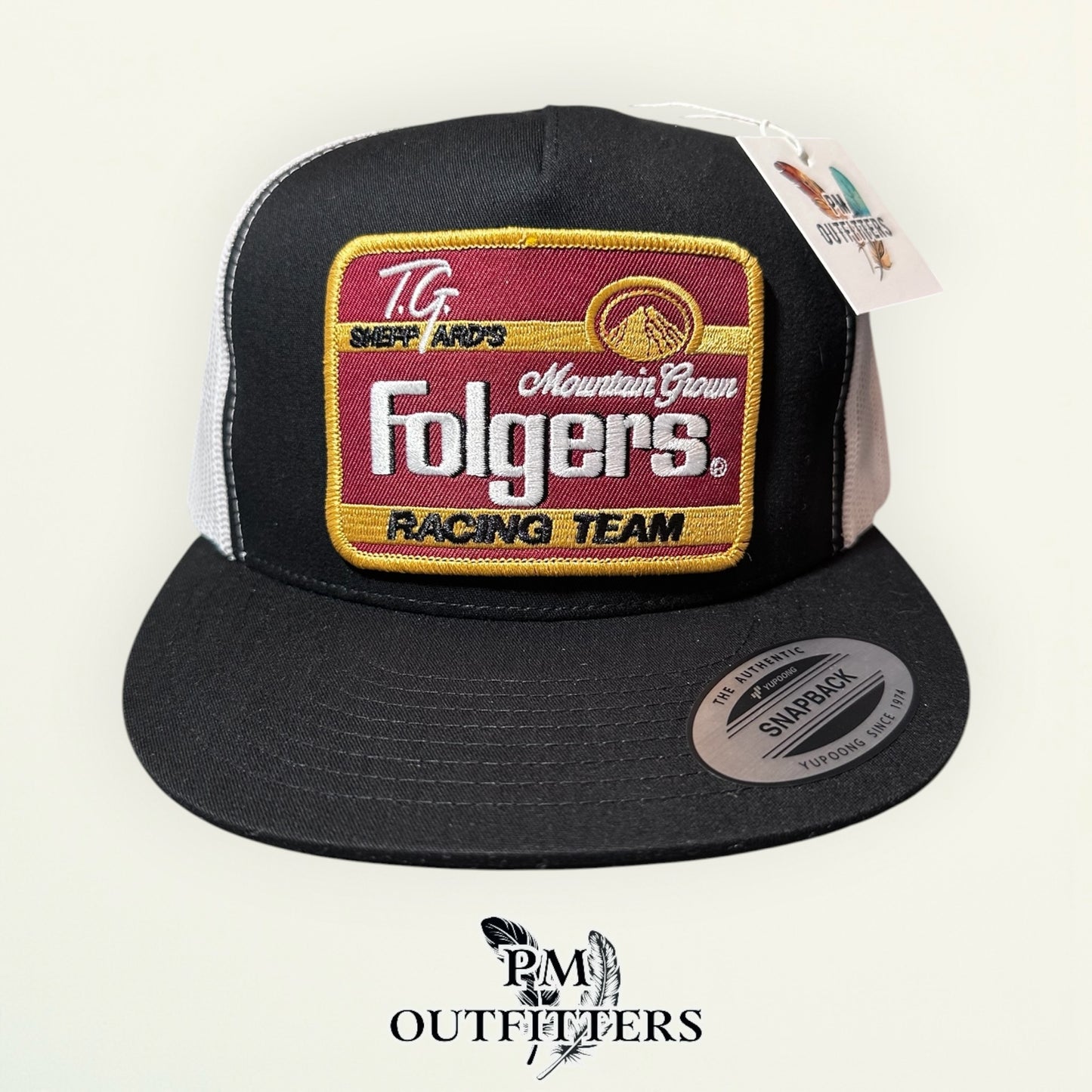 TG Sheppard Folgers Racing Team Trucker Hat - PM Outfitters | Yupoong 6006 Black White Flatbill NASCAR