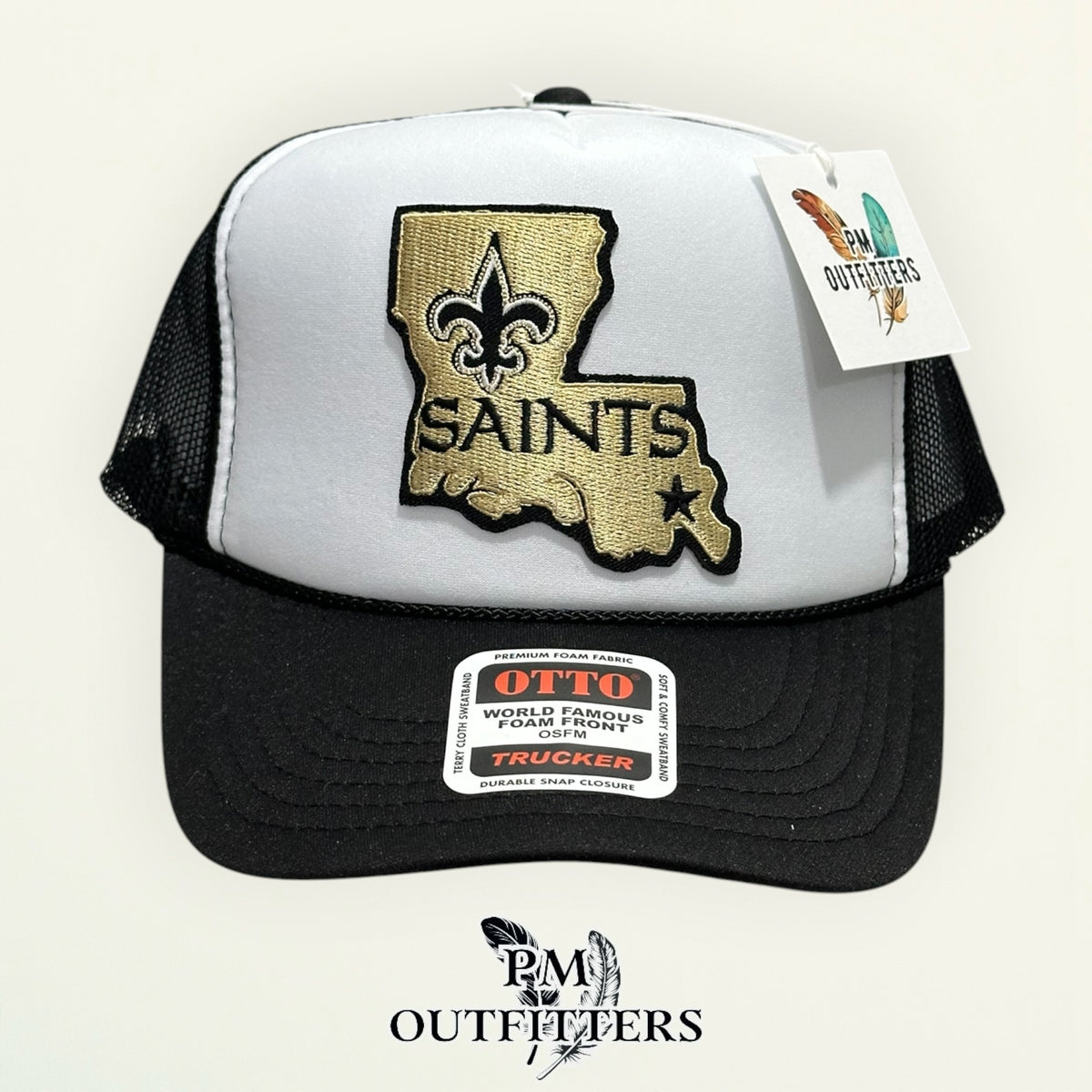 PM Outfitters New Orleans Saints Louisiana state outline embroidered patch Otto foam front rope white black trucker hat
