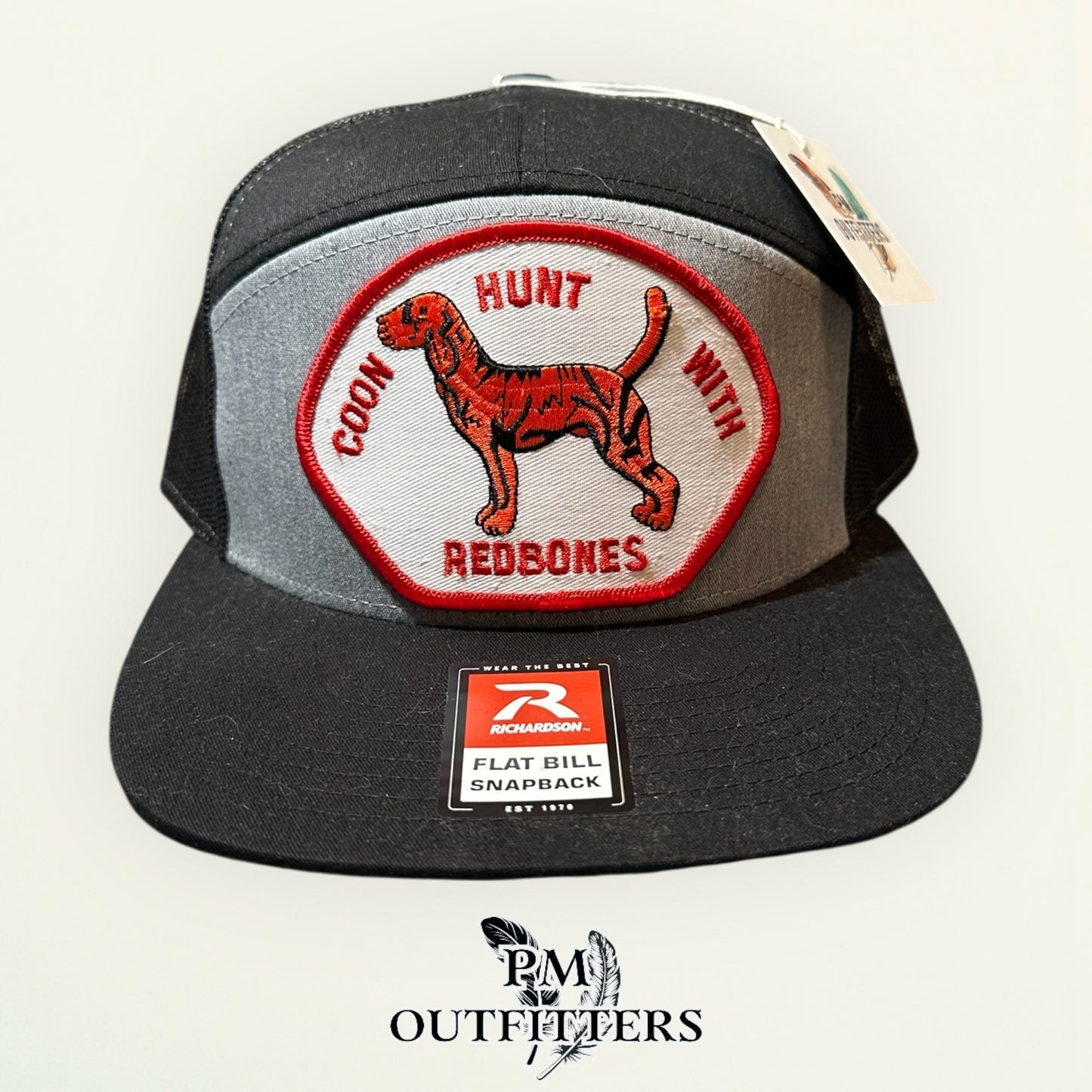Coon Hunt With Redbones Trucker Hat — PM Outfitters Vintage Hunting Patch | Richardson 168 Grey Black Flat Bill