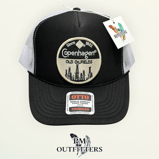 Copenhagen Old Oilfields patch detail oil derricks embroidered trucker hat
