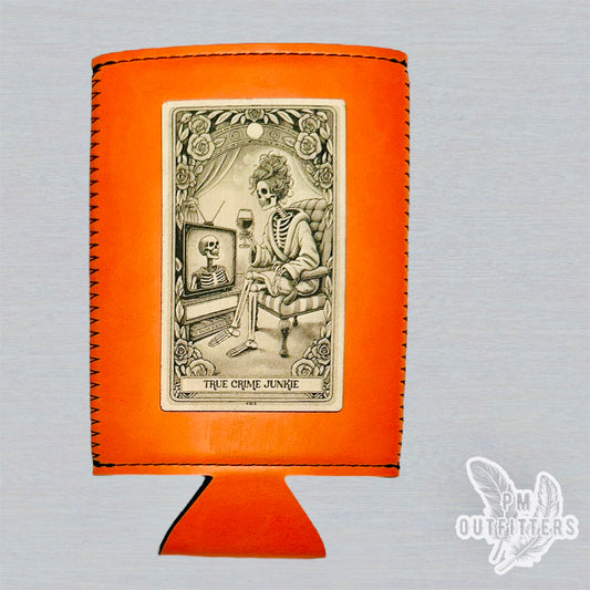 True Crime Junkie Tarot Card Custom Design Leatherette Slim Can Koozie