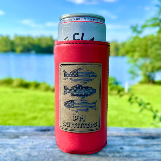 PM Outfitters Custom Design American Flag 3-Fish Leatherette Slim Can Koozie