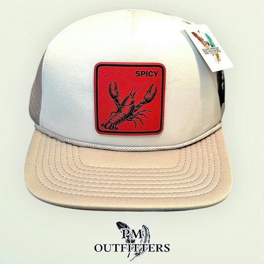 Spicy Crawfish Laser Engraved Patch Hat | Decky Foam Flat Bill Rope Trucker Gray White | PM Outfitters Exclusive Design