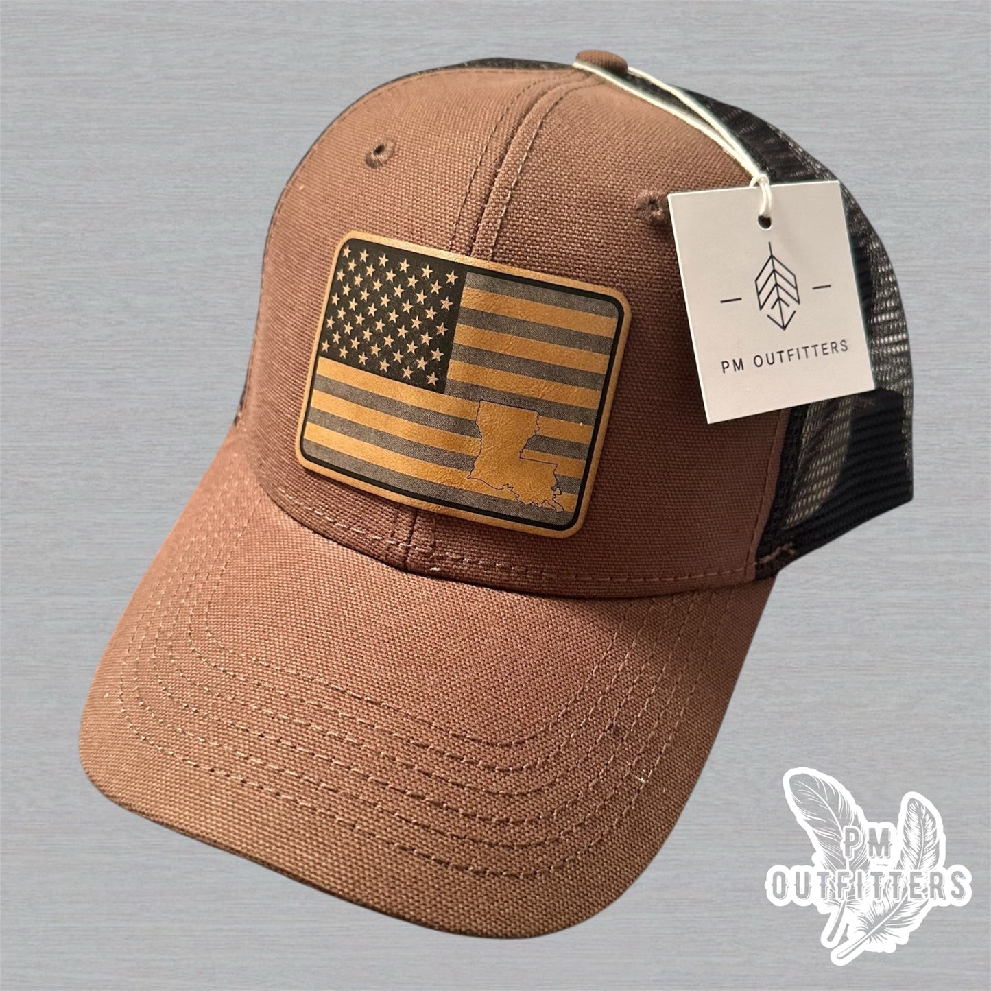PM Outfitters Custom Design American Flag LA DriDuck Canvas Trucker Hat