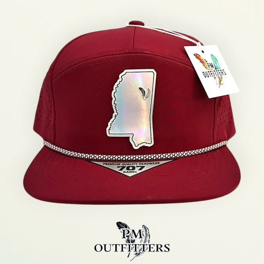 PM Outfitters Mississippi State Tailgate Season holographic vegan leather Mississippi state outline patch trucker hat Starkville two-feather logo maroon white
