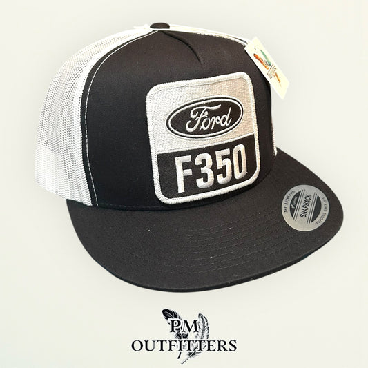 Ford F350 Trucker Hat — PM Outfitters Retro Patch | Yupoong Flat Bill Black White American Truck Heritage
