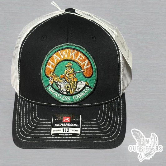 Hawken Smokeless Tobacco Embroidered Patch Black & White Richardson 112 Trucker Hat