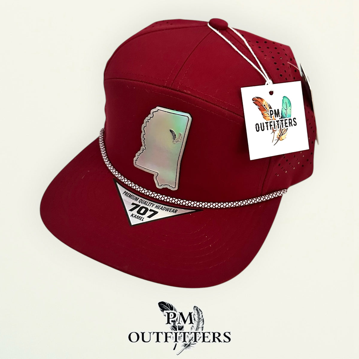 PM Outfitters Mississippi State Tailgate Season holographic vegan leather Mississippi state outline patch trucker hat Starkville two-feather logo maroon white