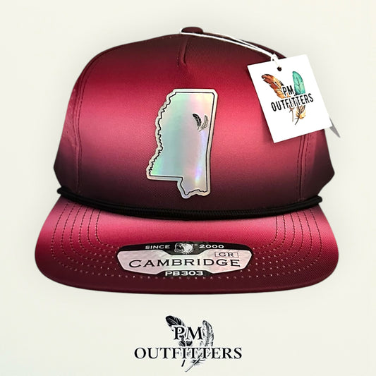 PM Outfitters Mississippi State Tailgate Season holographic vegan leather Mississippi state outline patch trucker hat Starkville two-feather logo maroon black gradient