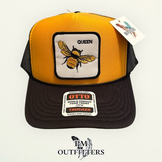 Queen Bee Trucker Hat - PM Outfitters Animal Patch Series | Otto Foam Front Black & Gold