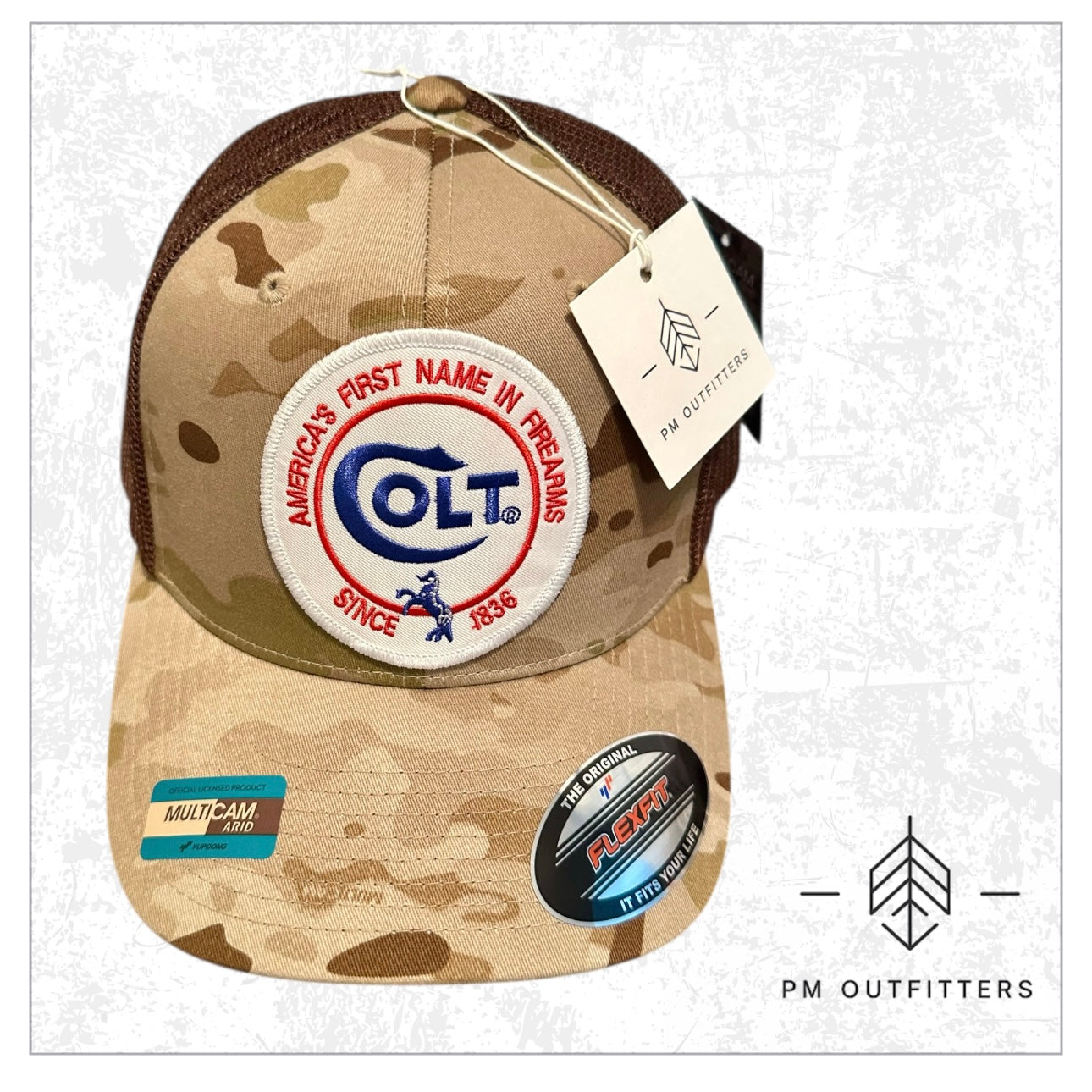 Colt 45 Firearms Embroidered Patch on FlexFit Camo Trucker Hat