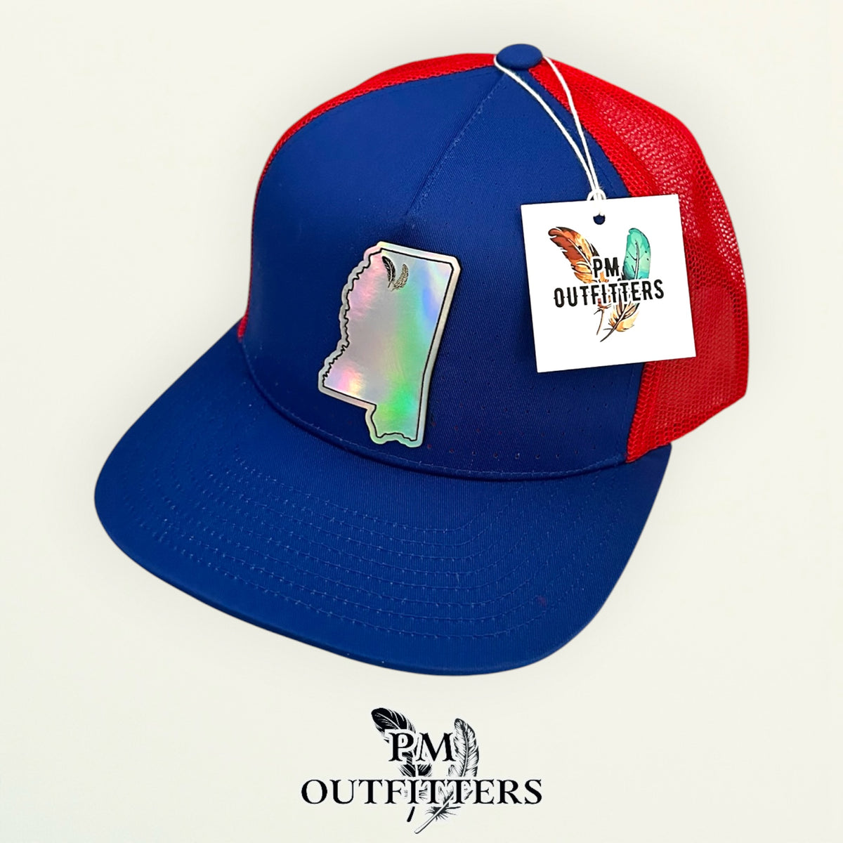 PM Outfitters Ole Miss Tailgate Season holographic vegan leather Mississippi state outline patch trucker hat Oxford two-feather logo blue red