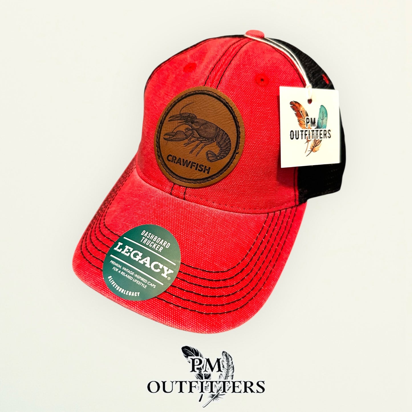 Crawfish Laser Engraved Patch Hat | Legacy Dashboard Trucker Red Black | PM Outfitters Exclusive Design