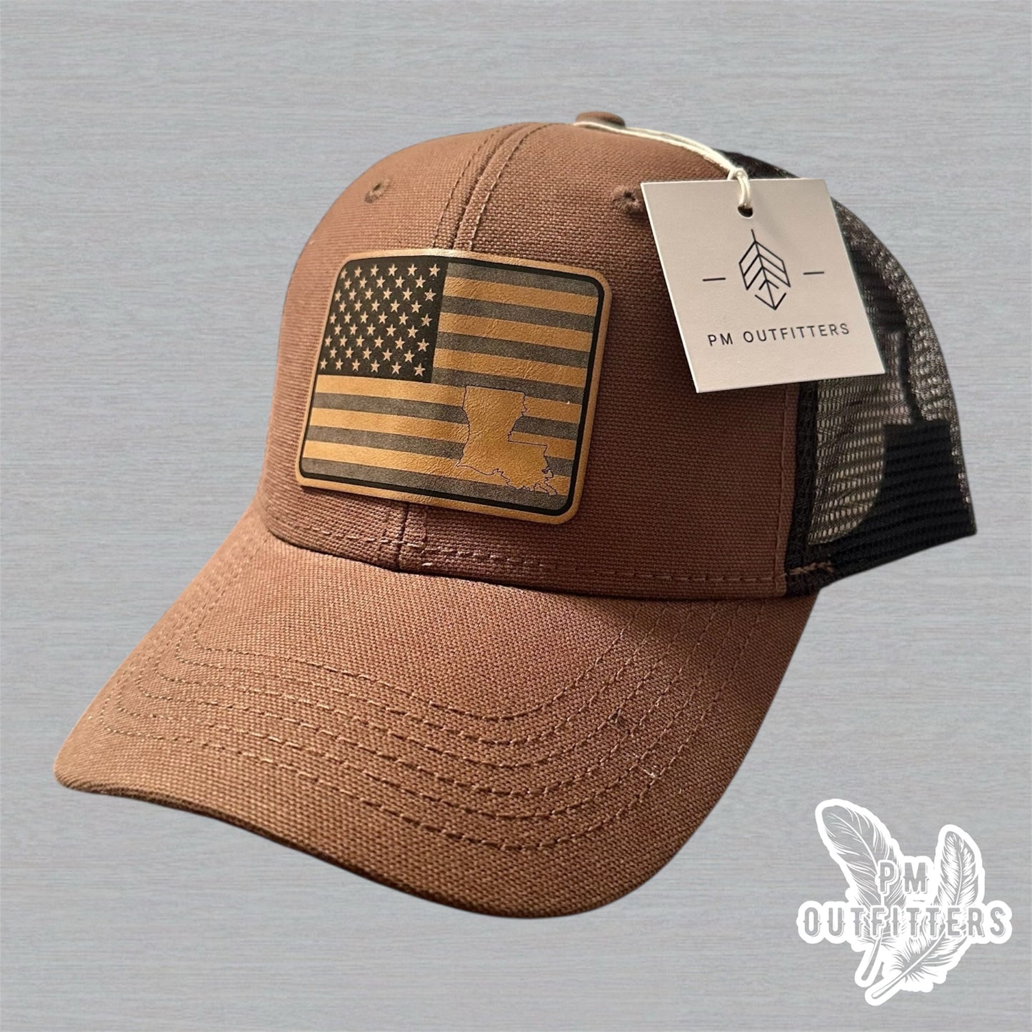 PM Outfitters Custom Design American Flag LA DriDuck Canvas Trucker Hat