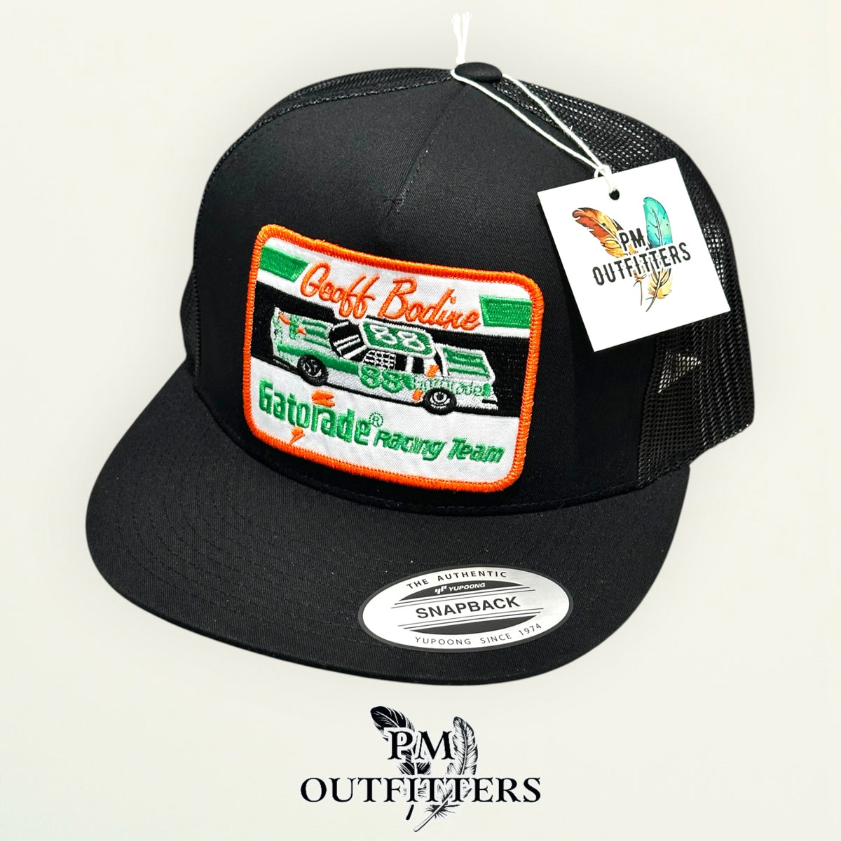 Geoff Bodine Gatorade Racing trucker hat displayed with PM Outfitters branded hang tag