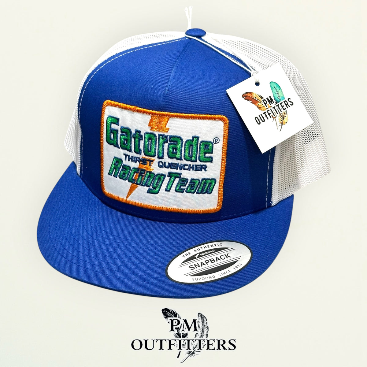Gatorade Racing Team trucker hat displayed with PM Outfitters branded hang tag