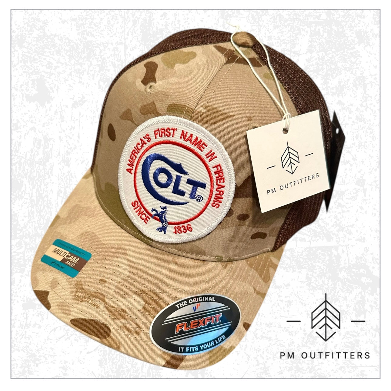 Colt 45 Firearms Embroidered Patch on FlexFit Camo Trucker Hat