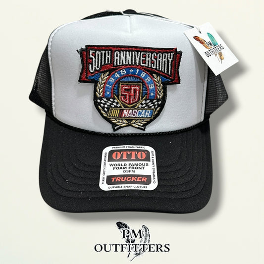 NASCAR 50th Anniversary Trucker Hat – PM Outfitters True Vintage Patch | Otto Foam Rope Black & White