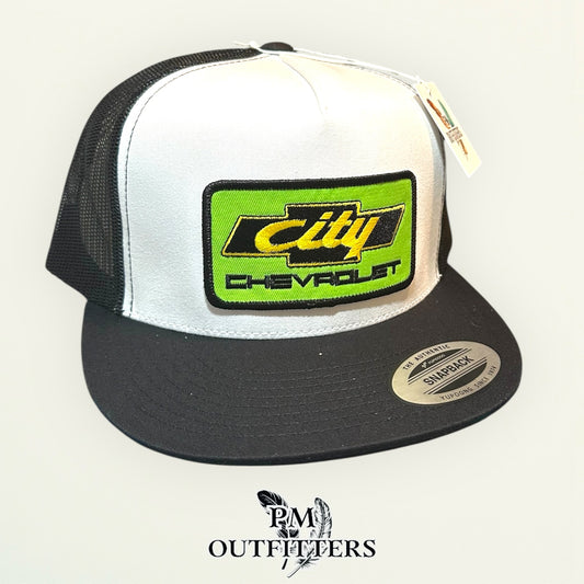 City Chevrolet Days of Thunder Trucker Hat — PM Outfitters Retro Patch | Yupoong Flat Bill White Black NASCAR Heritage