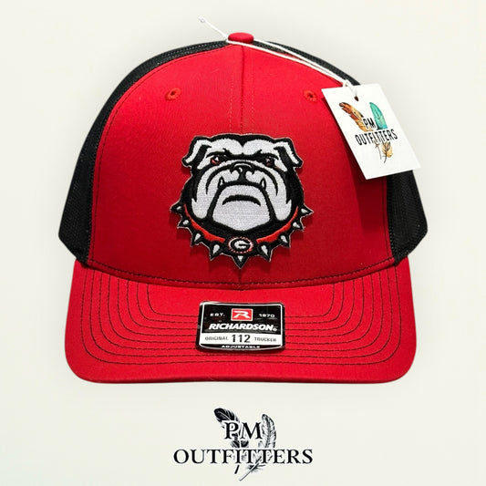 PM Outfitters Georgia Bulldogs mascot head embroidered patch Richardson 112 red black trucker hat