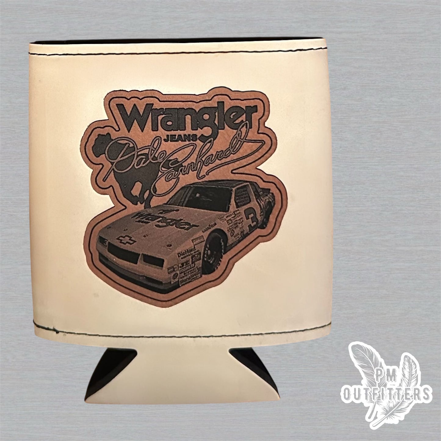 PM Outfitters Custom Laser Engraved Dale Earnhardt Wrangler Jeans Racing Premium Leatherette Can Cooler - Tan Koozie