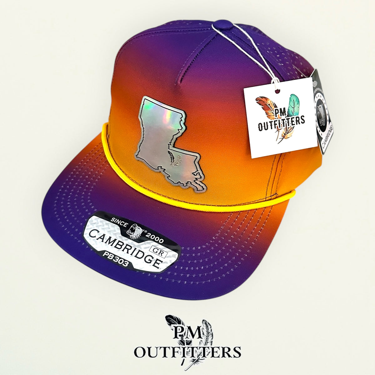 PM Outfitters LSU Tailgate Season holographic vegan leather Louisiana state outline patch trucker hat Baton Rouge two-feather logo purple gold gradient