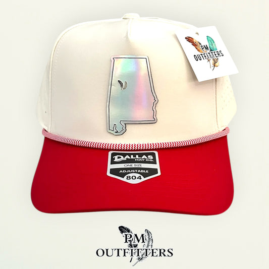 PM Outfitters Alabama Tailgate Season holographic vegan leather Alabama state outline patch trucker hat Tuscaloosa two-feather logo red white