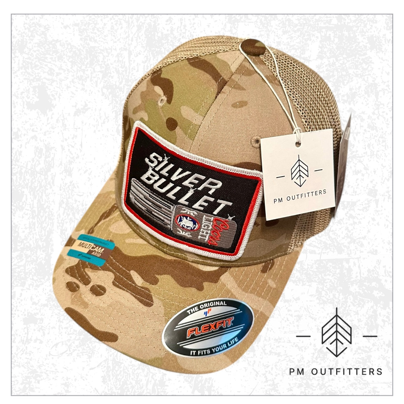 Vintage Coors Light Silver Bullet Embroidered Patch on FlexFit Camo Trucker Hat