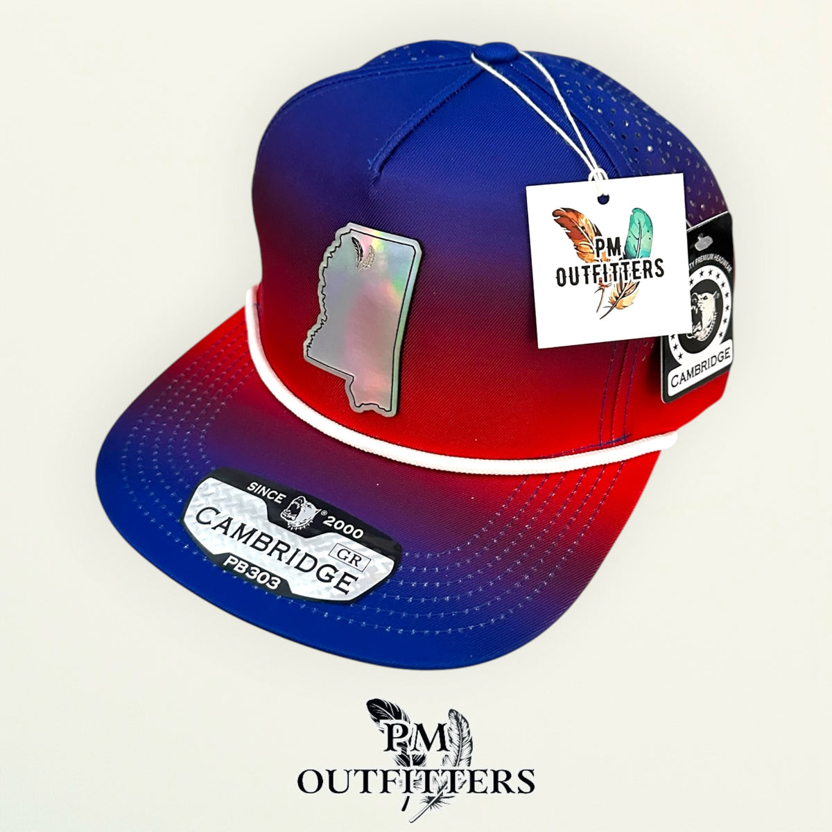 PM Outfitters Ole Miss Tailgate Season holographic vegan leather Mississippi state outline patch trucker hat Oxford two-feather logo blue red gradient