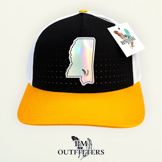 PM Outfitters Southern Miss Tailgate Season holographic vegan leather Mississippi state outline patch trucker hat Hattiesburg two-feather logo black gold