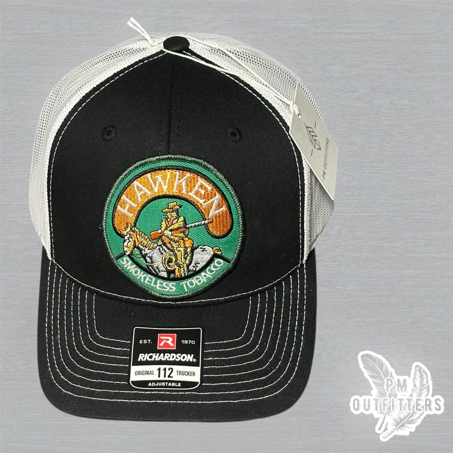 Hawken Smokeless Tobacco Embroidered Patch Black & White Richardson 112 Trucker Hat