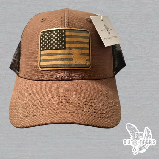 PM Outfitters Custom Design American Flag LA DriDuck Canvas Trucker Hat