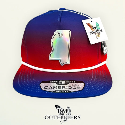 PM Outfitters Ole Miss Tailgate Season holographic vegan leather Mississippi state outline patch trucker hat Oxford two-feather logo blue red gradient