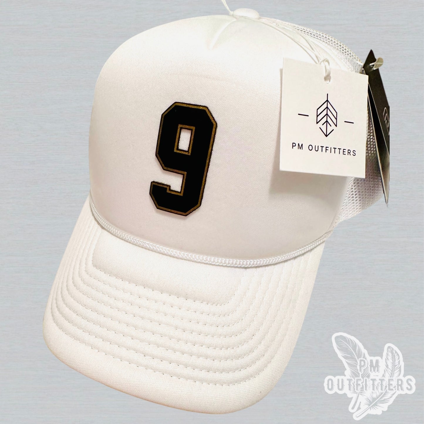 White Decky Foam Trucker Hat - Drew Brees Saints Away Jersey Style | Custom #9 Leatherette Patch