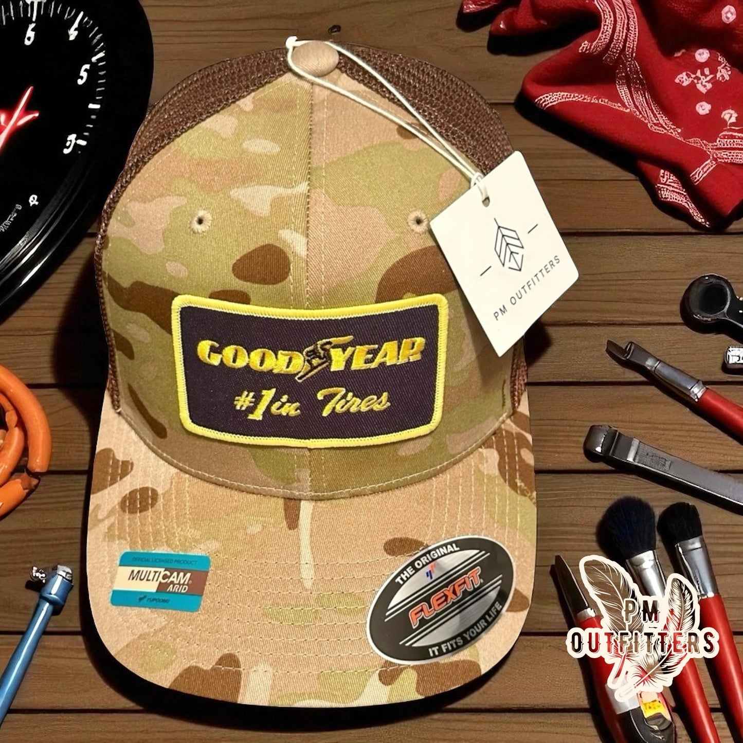 Retro Good Year Tires FlexFit Camo Trucker Hat