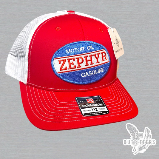 Retro Zephyr Motor Oil & Gasoline Trucker Hat - Red & White Richardson 112