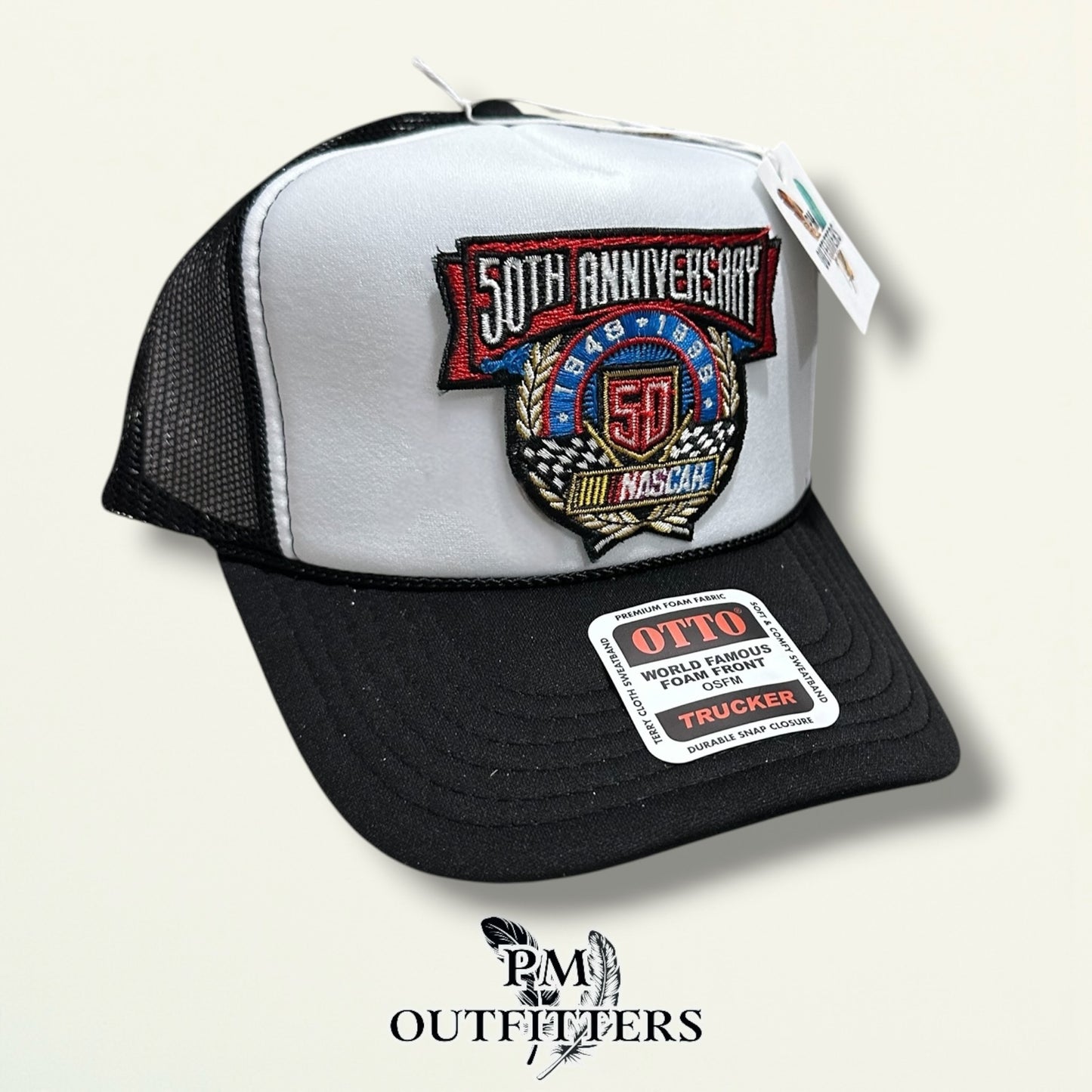 NASCAR 50th Anniversary Trucker Hat – PM Outfitters True Vintage Patch | Otto Foam Rope Black & White