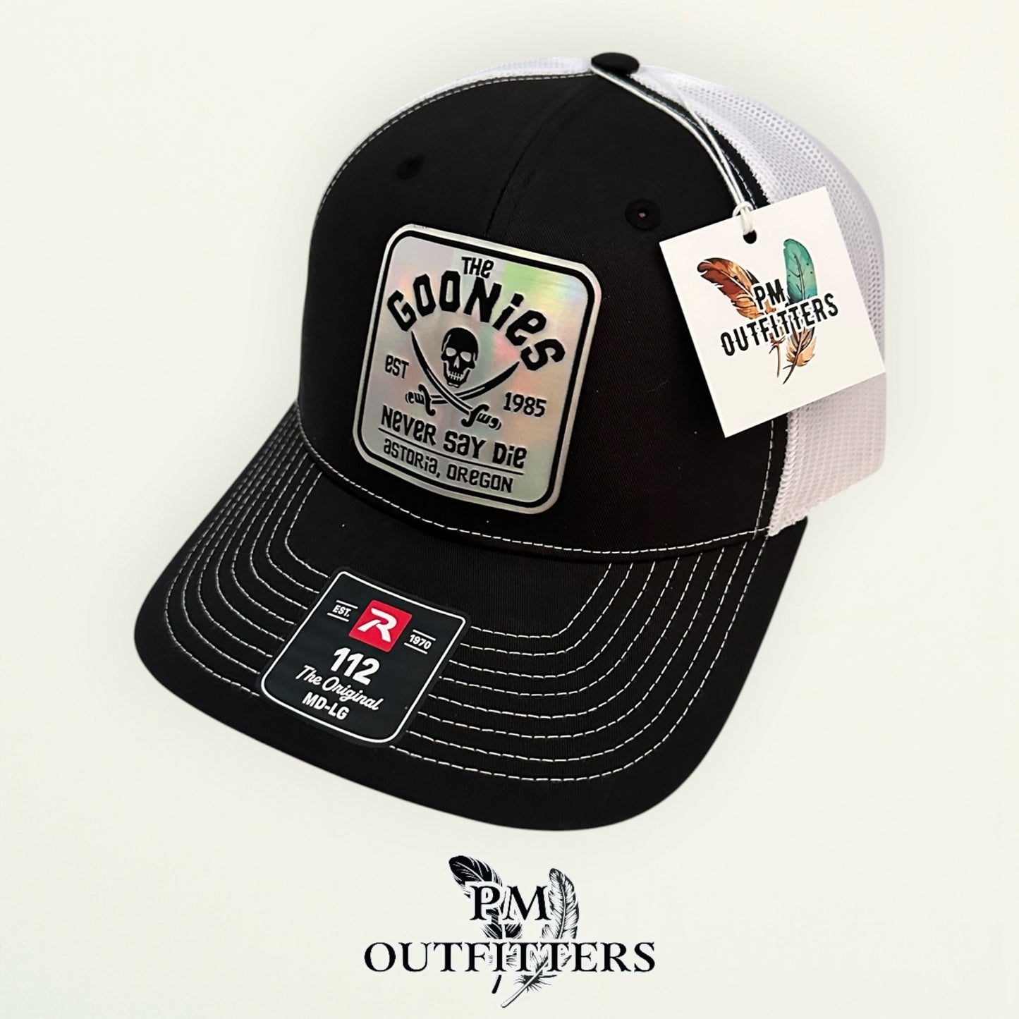 The Goonies Never Say Die Trucker Hat – PM Outfitters Holographic Vegan Leather Patch | Richardson 112 Black White