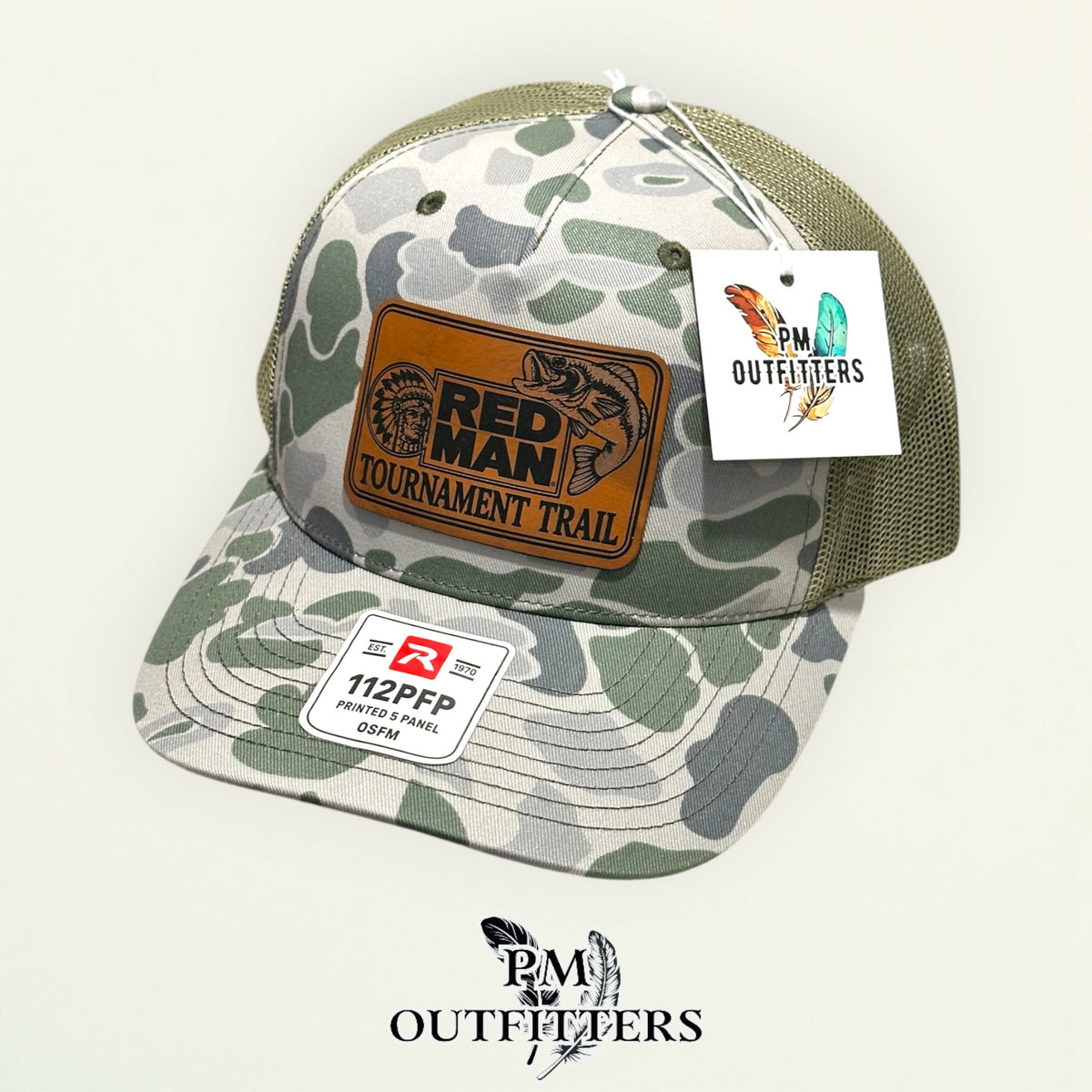 PM Outfitters hang tag Red Man Tournament Trail camo trucker hat