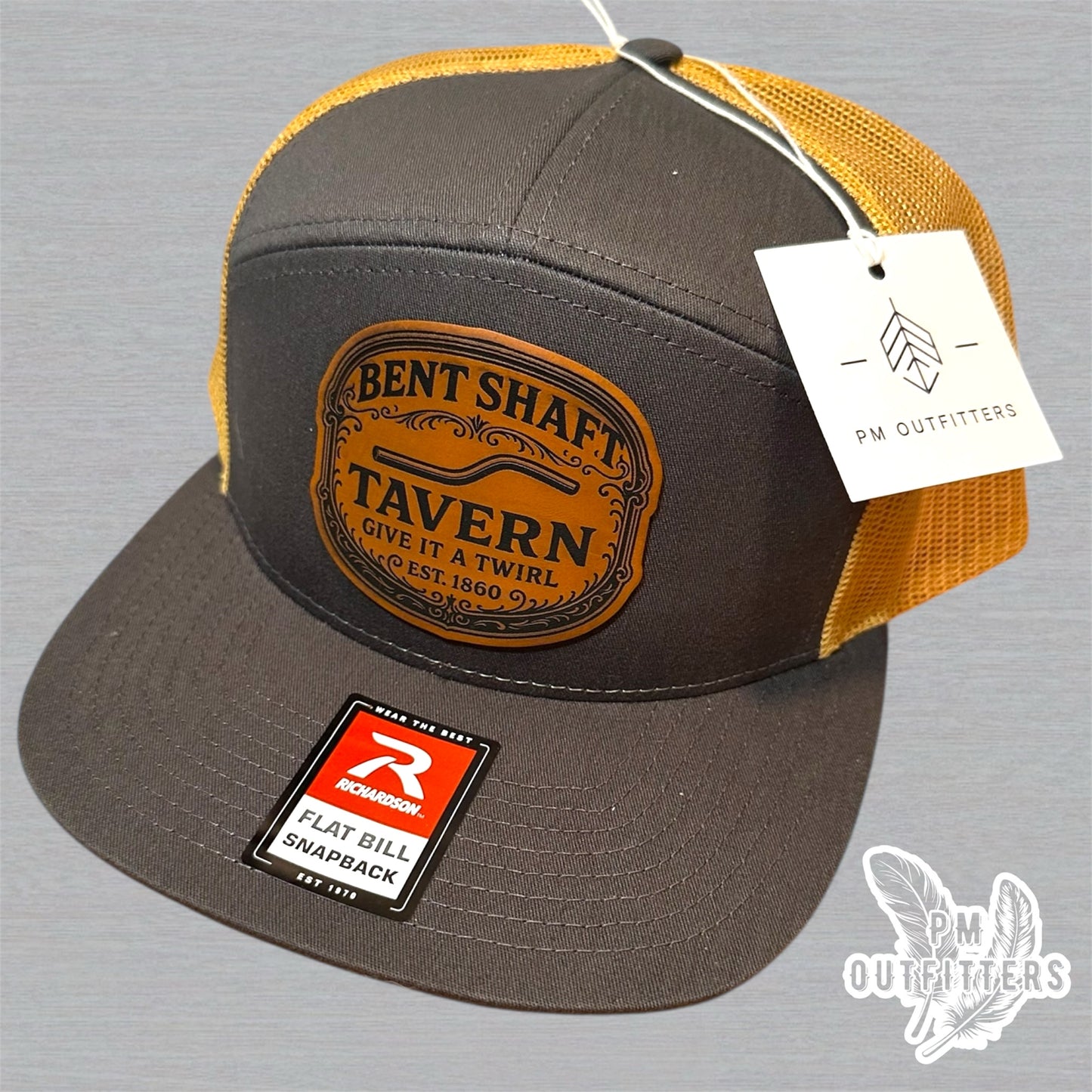 Bent Shaft Tavern Trucker Hat - Custom Leatherette Patch Richardson 168 | Grey Gold Flat Bill Humor Cap