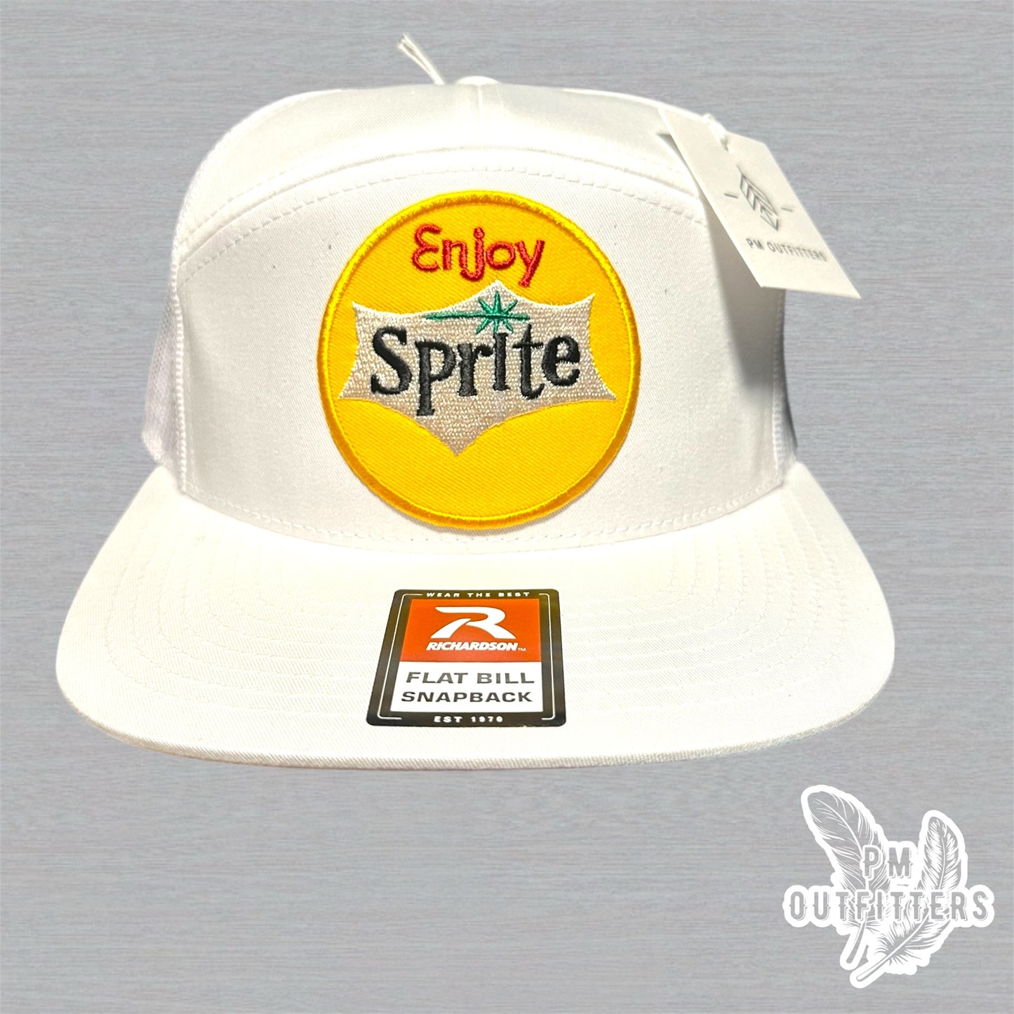 White Richardson 168 Trucker Hat - Retro Enjoy Sprite Embroidered Patch - 7-Panel Snapback Cap