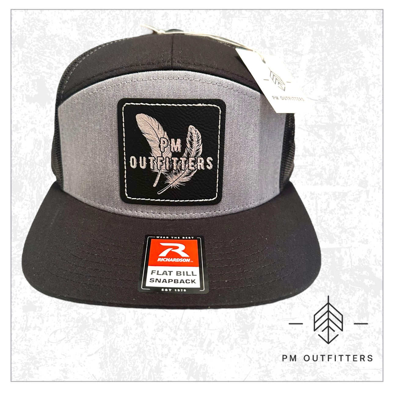PM Outfitters 2-feather Silver Logo Patch 7-Panel Trucker Hat