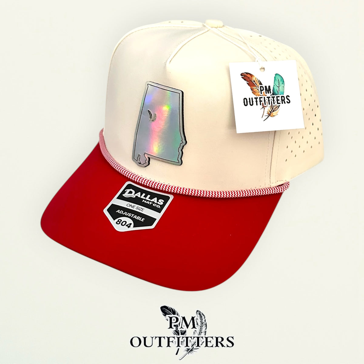 PM Outfitters Alabama Tailgate Season holographic vegan leather Alabama state outline patch trucker hat Tuscaloosa two-feather logo red white