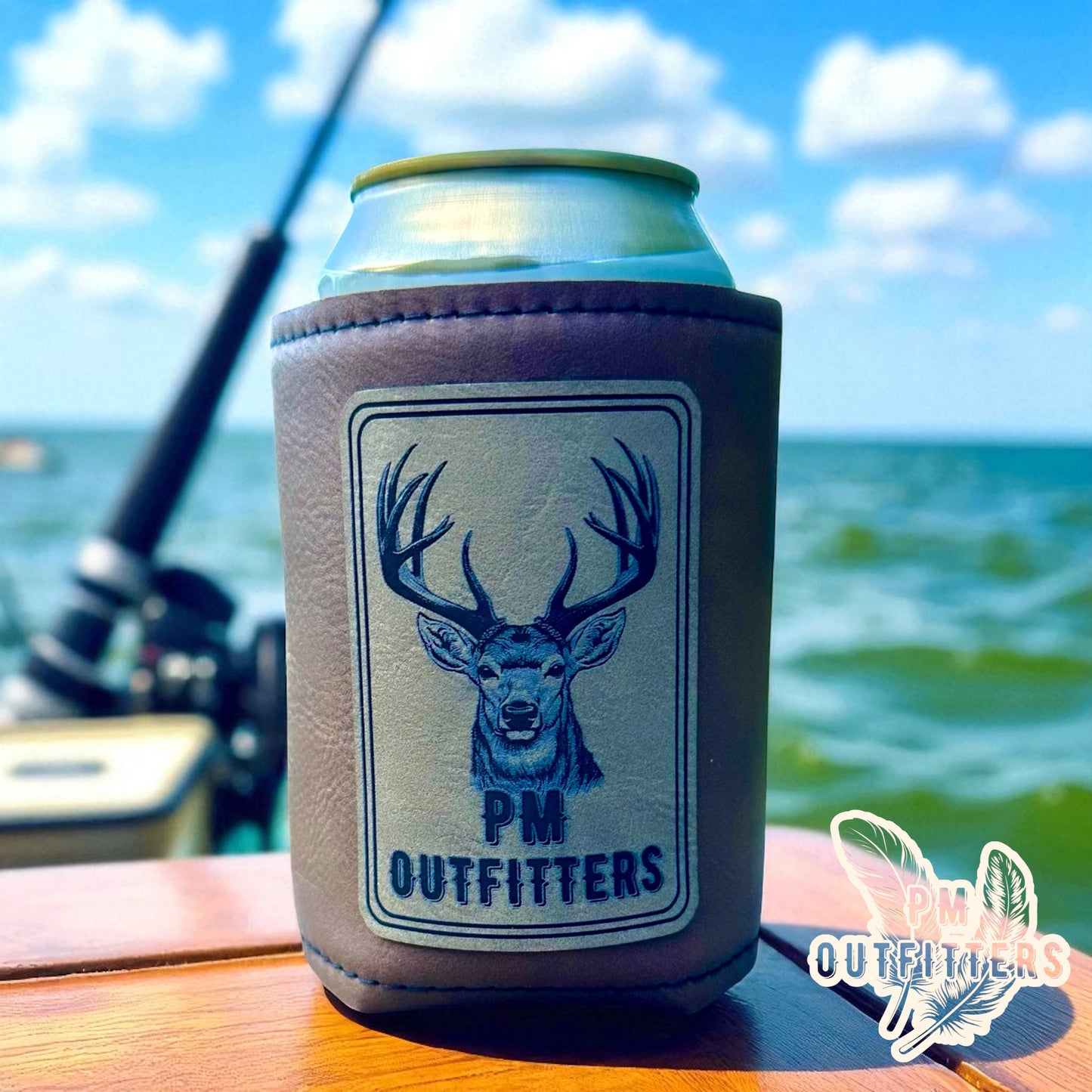 PM Outfitters Custom Design Deer Logo Leatherette Koozie