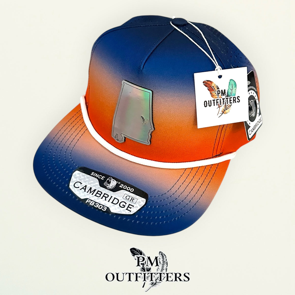 PM Outfitters Auburn Tailgate Season holographic vegan leather Alabama state outline patch trucker hat Auburn two-feather logo blue orange gradient