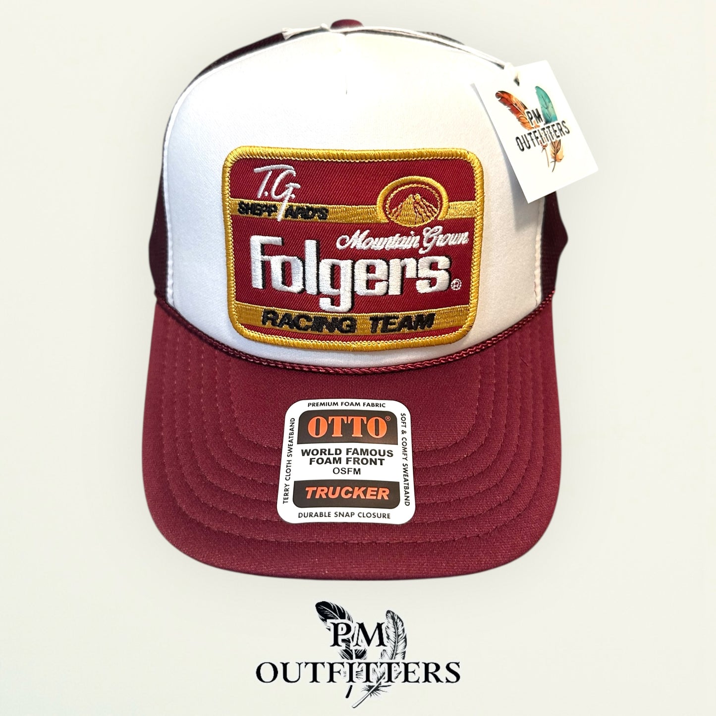 TG Sheppard's Folgers Racing Team Trucker Hat — Otto Foam Rope Trucker | White & Maroon