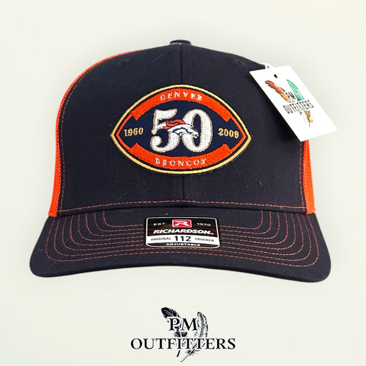 PM Outfitters Denver Broncos 50th Anniversary embroidered patch Richardson 112 black orange trucker hat