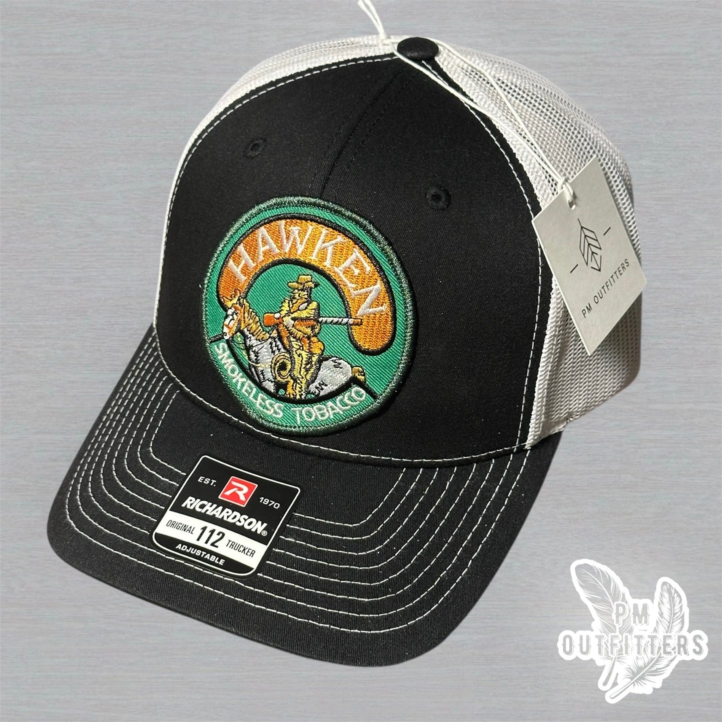 Hawken Smokeless Tobacco Embroidered Patch Black & White Richardson 112 Trucker Hat