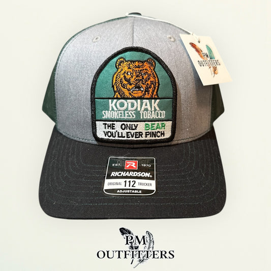 Kodiak Smokeless Tobacco Trucker Hat | PM Outfitters Retro Patch | Richardson 112 Heather Gray, Green & Black
