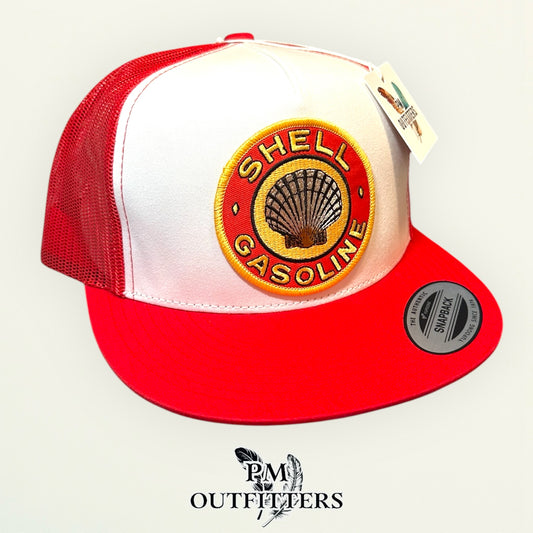 Shell Gasoline Trucker Hat — PM Outfitters Retro Patch | Yupoong Flat Bill White Red Petroleum Heritage
